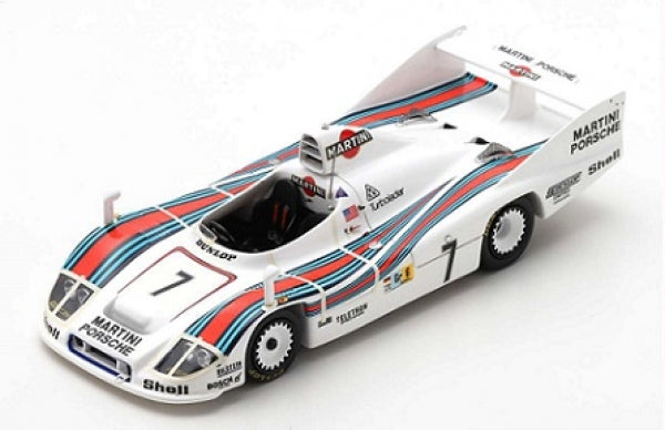 1:18 scale diecast Porsche race car model with Martini livery, white body, blue and red stripes