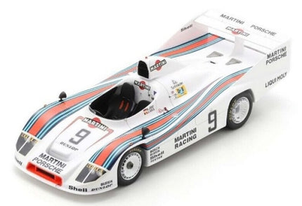 1:18 scale white Porsche race car model with Martini Racing livery and number 9 decals