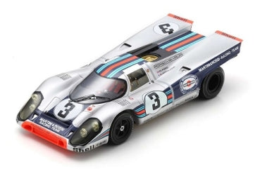 1:18 scale diecast classic race car model, silver with blue-red stripes and number 3 livery