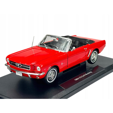 1:18 scale red Ford Mustang convertible 1964 diecast model car front three-quarter view on display base
