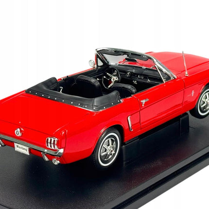 1:18 scale red Ford Mustang convertible 1964 diecast model car rear side view on display base