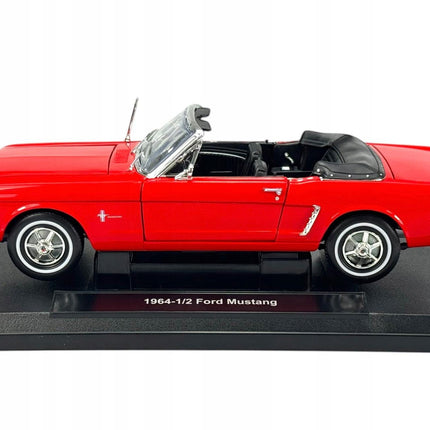1:18 scale red Ford Mustang convertible 1964 diecast model car side profile view on display base