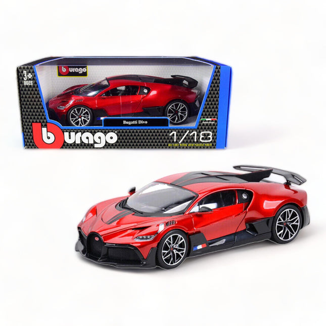 Bburago 1:18 Bugatti Divo Red Metallic Carbon Accents Diecast Model Car - detailed collector display model