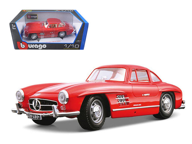 Bburago 1954 Mercedes Benz 300SL Gullwing 1/18 Red Diecast Model Car - detailed collector display model