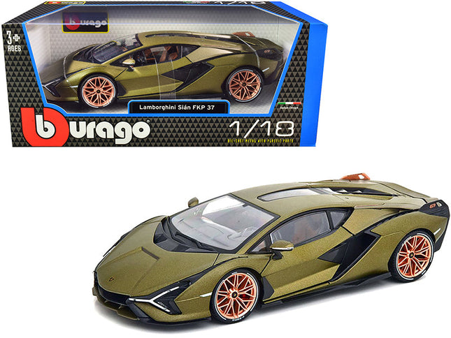 1/18 Diecast Lamborghini Sian FKP 37 Green Metallic Scale Model Car | Bburago - detailed collector display model