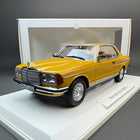 Norev Mercedes-Benz 280CE Sahara Yellow 1:18 Diecast Model Car - studio product photo of the scale model