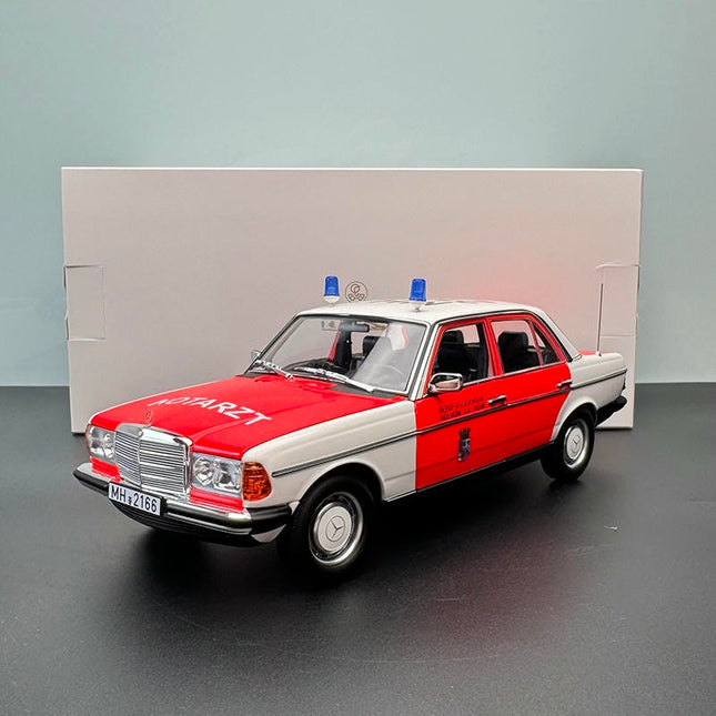 Norev Mercedes-Benz 200 W123 Emergency Ambulance 1984 1:18 Diecast Model Car - studio product photo of the scale model