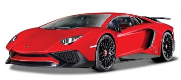 Red diecast model sports car, 1:18 scale, detailed black wheels, side and front view