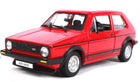 Red 1:18 scale diecast model car of 1979 Volkswagen Golf GTI with black accents
