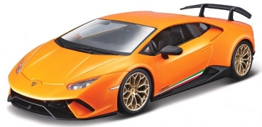 Orange diecast model sports car with gold wheels and rear spoiler, 1:18 scale
