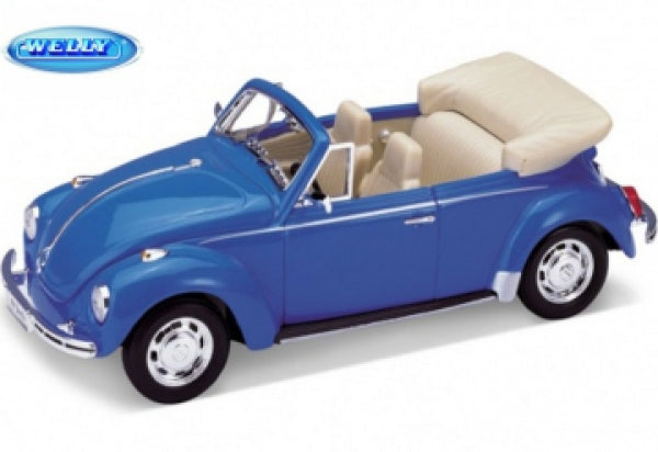 Blue diecast model Volkswagen Beetle convertible with cream interior, 1:18 scale, by Welly
