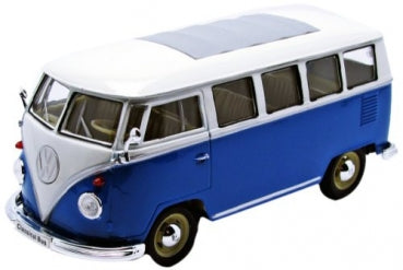 1:24 scale blue and white diecast model Volkswagen van with detailed interior