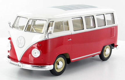 Red and white diecast model vintage van with detailed windows and chrome bumpers