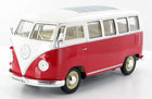 Red and white diecast model vintage van with detailed windows and chrome bumpers