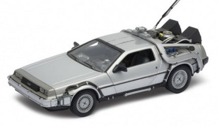 Diecast 1:18 scale silver DeLorean model car with detailed futuristic modifications.
