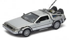 Diecast 1:18 scale silver DeLorean model car with detailed futuristic modifications.