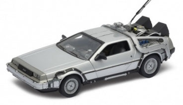 1:18 scale diecast silver DeLorean model car with detailed futuristic modifications