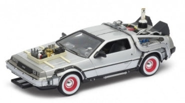 1:18 scale diecast model car, silver DeLorean with detailed futuristic modifications