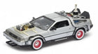 1:18 scale diecast model car, silver DeLorean with detailed futuristic modifications
