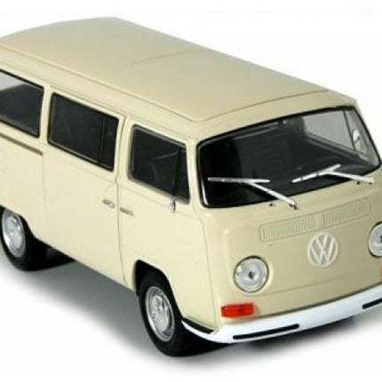 1:24 scale cream diecast model of classic VW T2 bus with detailed windows and chrome accents