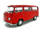 Red diecast model VW van in 1:18 scale with detailed wheels and chrome trim on white background
