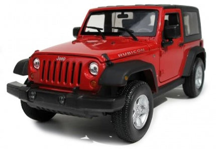 Red diecast Jeep Wrangler Rubicon model car with black roof in 1:18 scale, front view