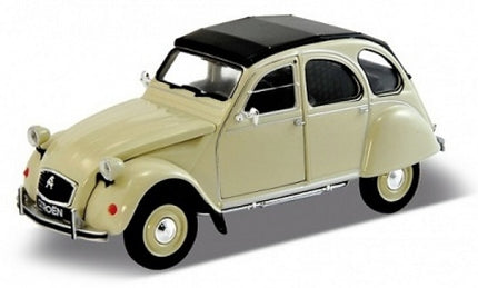 Diecast model Citroën 2CV beige car with black roof, 1:18 scale collectible.