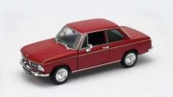 Red 1:18 scale diecast model car, classic coupe with chrome details, on white background