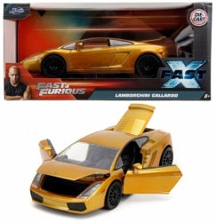 Gold Lamborghini Gallardo diecast model car with opening doors, Fast & Furious packaging