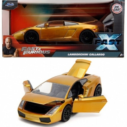Gold diecast Lamborghini Gallardo Fast & Furious model car with openable doors and hood