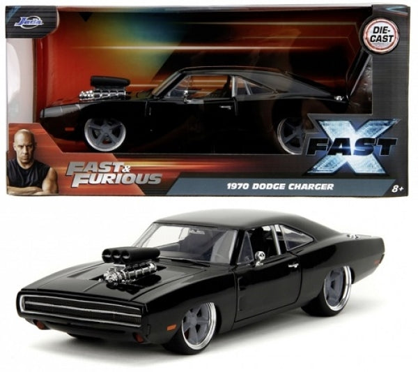 Diecast 1:24 scale black 1970 Dodge Charger model car from Fast & Furious, in box and out.