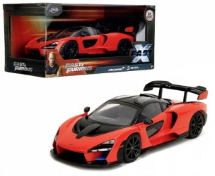 1:24 scale red McLaren Senna diecast model car with Fast & Furious packaging, detailed features