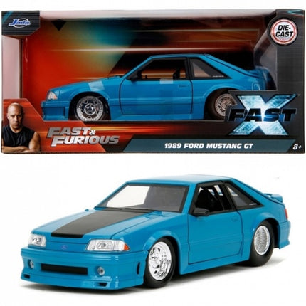 1:24 scale diecast 1989 Ford Mustang GT model car in blue with Fast & Furious packaging.