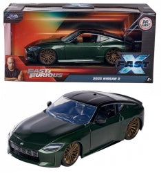 1:24 scale green 2022 Nissan Z diecast model car from Fast X shown in box and out
