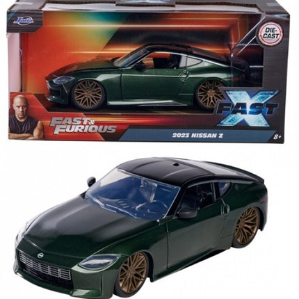 Fast & Furious 2023 Nissan Z green diecast model car with black roof and gold rims