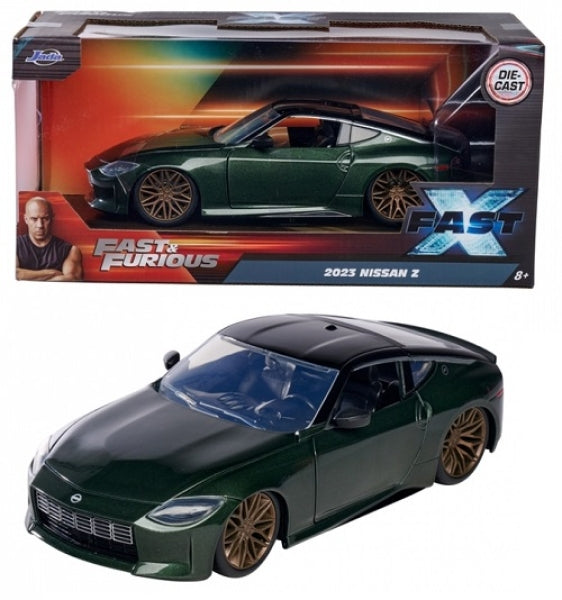 Fast & Furious 2023 Nissan Z green diecast model car with black roof and gold rims