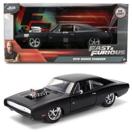 1:18 scale Fast & Furious 1970 Dodge Charger diecast model car, matte black finish, boxed.