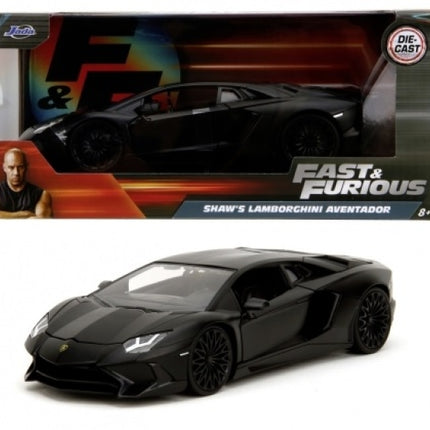 Diecast model car of black Lamborghini Aventador from Fast & Furious in box and out