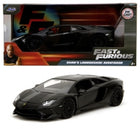 Diecast model car of black Lamborghini Aventador from Fast & Furious in box and out
