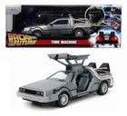 Diecast Back to the Future DeLorean model car with gullwing doors open, detailed interior