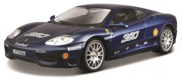 1:18 scale diecast blue Ferrari model car with racing decals on a white background