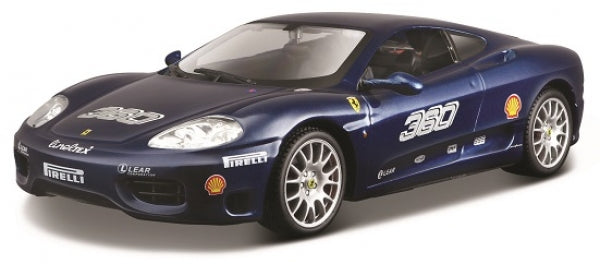 Blue Ferrari 360 Modena diecast model car with racing decals and silver wheels