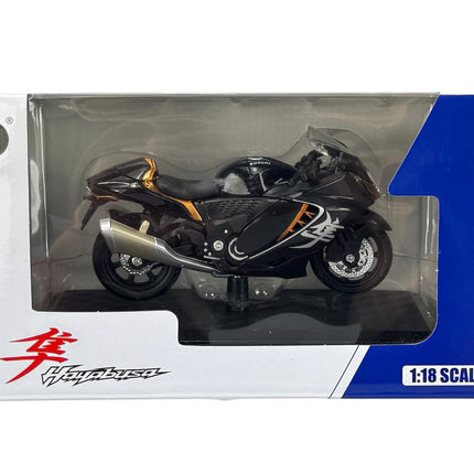 1:18 scale diecast Suzuki Hayabusa model motorcycle in display box, black with orange accents