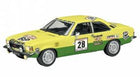 Yellow and green diecast model rally car with racing decals and number 28, 1:18 scale collectible.