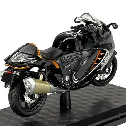 1:18 scale black diecast model sport motorcycle with orange accents on display stand