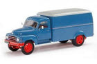 1:18 scale diecast model blue vintage delivery truck with red wheels and grey roof
