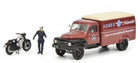 Diecast model set with vintage red Horex delivery truck, classic motorcycle and uniformed figure