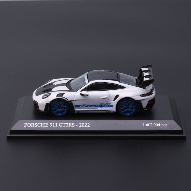 Minichamps Porsche 911 GT3 RS 992 Bule 1:64 Diecast Model Car - studio product photo of the scale model