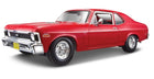 1:18 scale diecast model of a classic red muscle car with chrome wheels and detailed trim