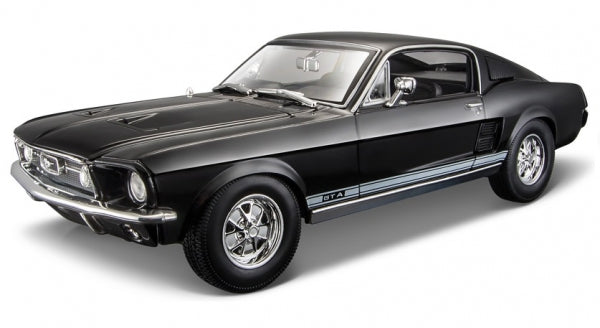 1:18 scale black diecast model car, classic coupe, chrome wheels, side stripes